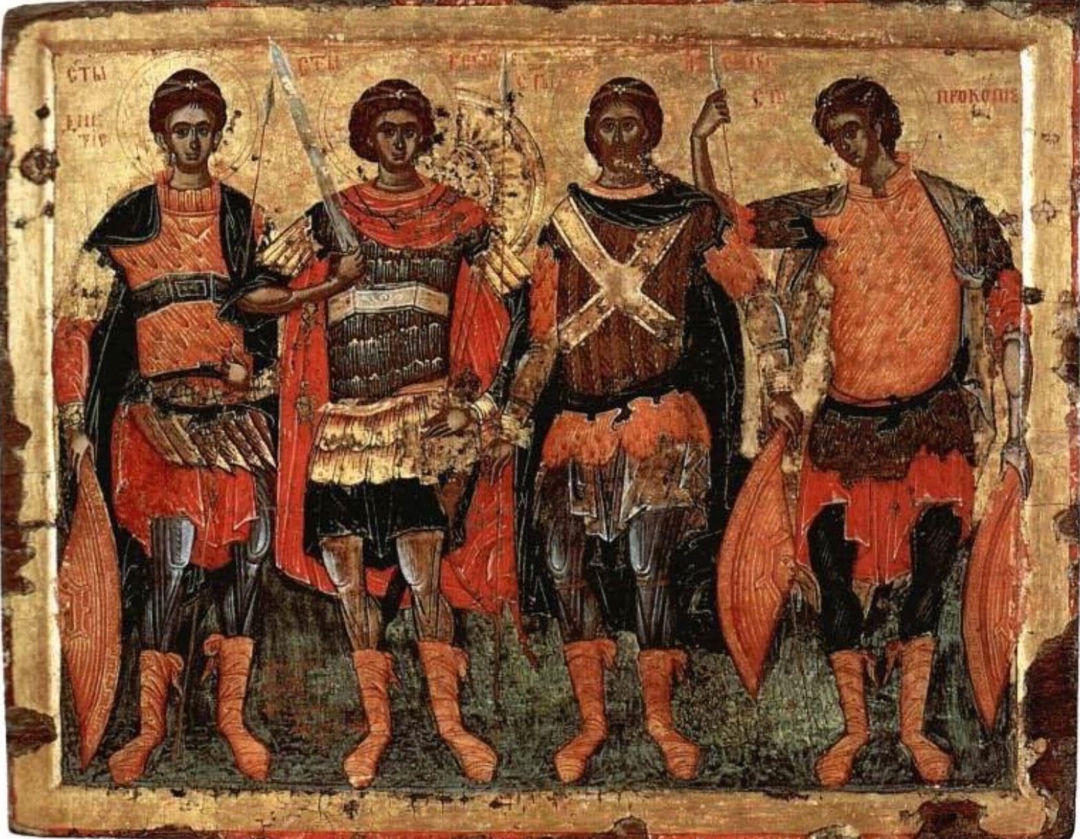 Икона светих ратника из манастира Хиландар, 17. век, Димитрије, Ђорђе, Артемије и Прокопије.