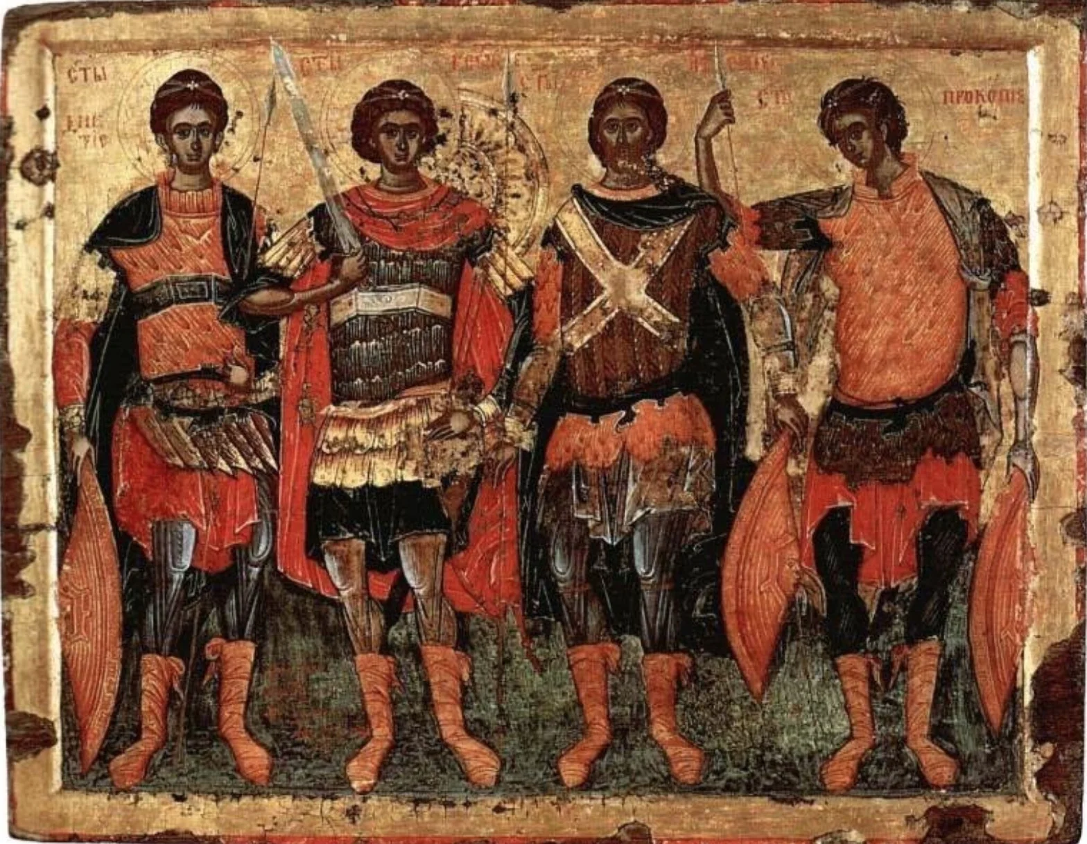 Ikona svetih ratnika iz manastira Hilandar, 17. vek, Dimitrije, Đorđe, Artemije i Prokopije.